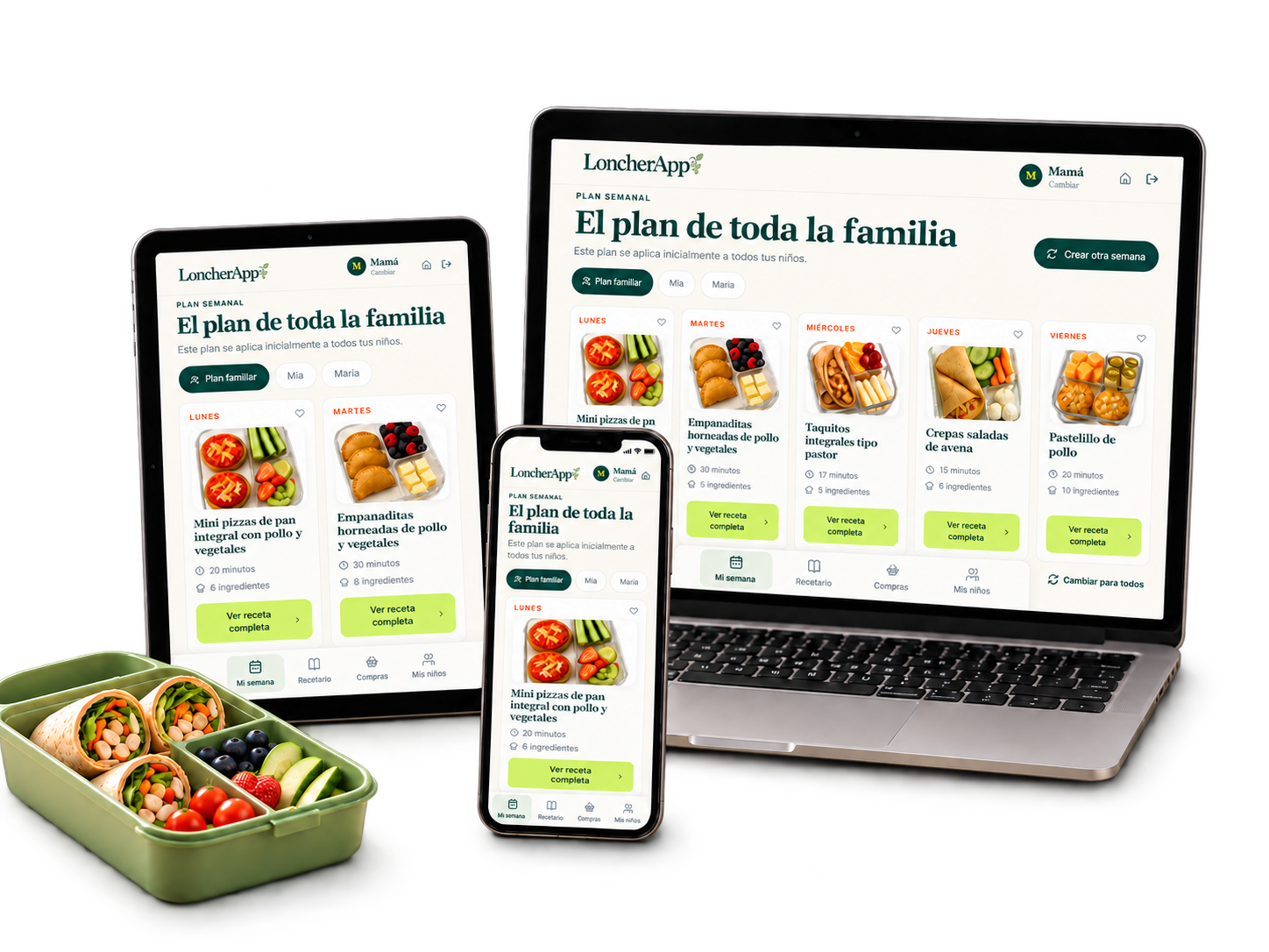Mi LoncherApp en computador, tablet y celular junto a una lonchera saludable
